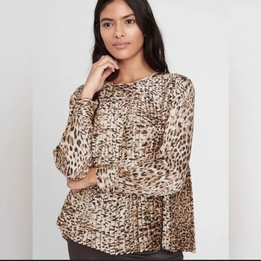 Banana Republic Pleated Blouse‎ Women Lg Tall Brown Leopard Print Long Sleeve